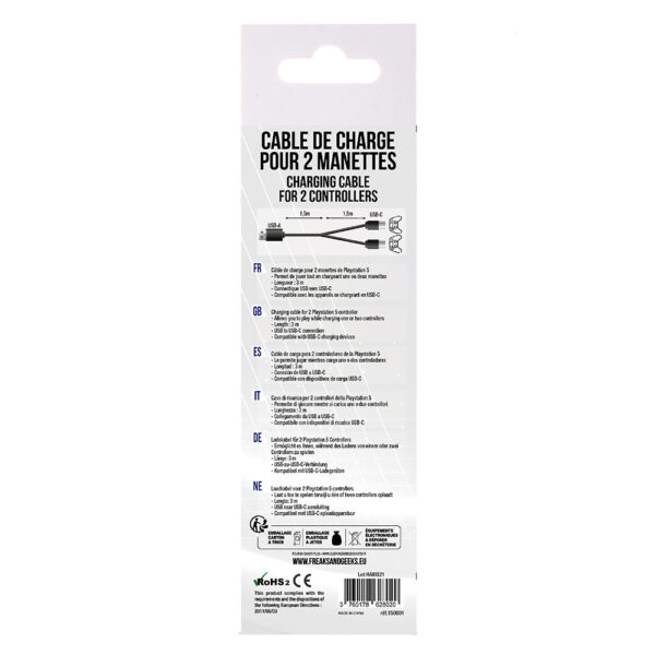 Cable de recharge de 3m pour 2 manettes PS5 type C (Embout secteur non inclus) - Dos boite