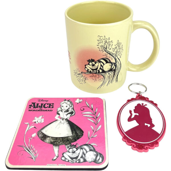 Coffret cadeaux - Mug / Porte-cle / Sous-verres - Alice au Pays des Merveilles - Ensemble