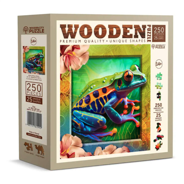 Puzzle en bois - Grenouille coloree - 250 pieces (25 pieces uniques) - Boite