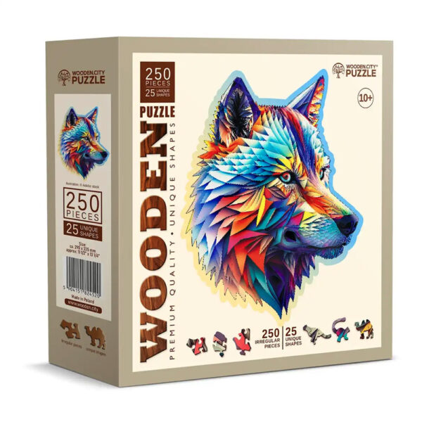 Puzzle en bois - Loup - 250 pieces (25 pieces uniques) - Boite