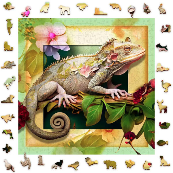 Puzzle en bois - Cameleon et fleurs - 550 pieces (50 pieces uniques) - Modèle