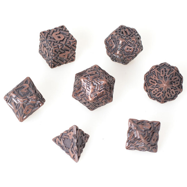 Lot de 7 dés en métal – Interlace bronze