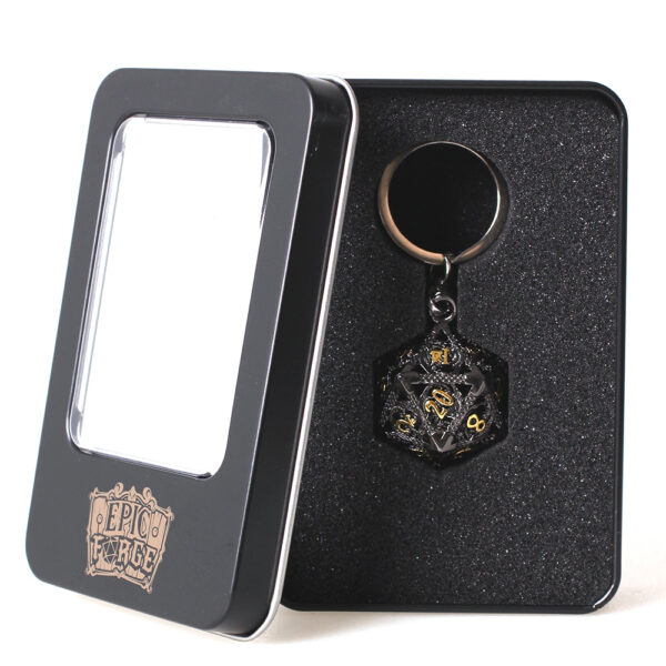 Porte-clé D20 - Lot de 7 mini dés (5mm) - Noir et doré