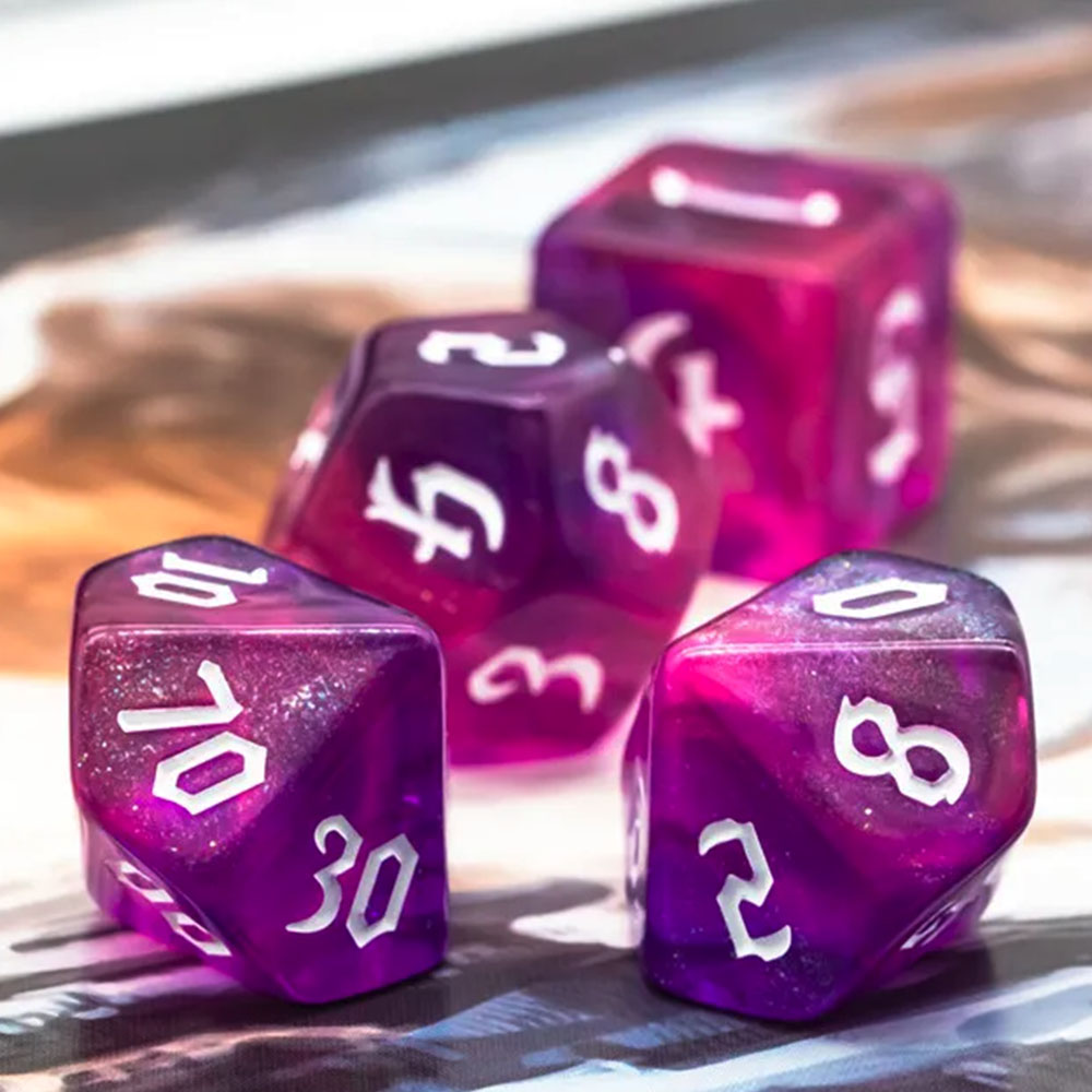 Lot de 7 dés - Résine - Rose paillettes