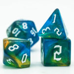 Lot de 7 dés - Résine - Vert bleu paillettes