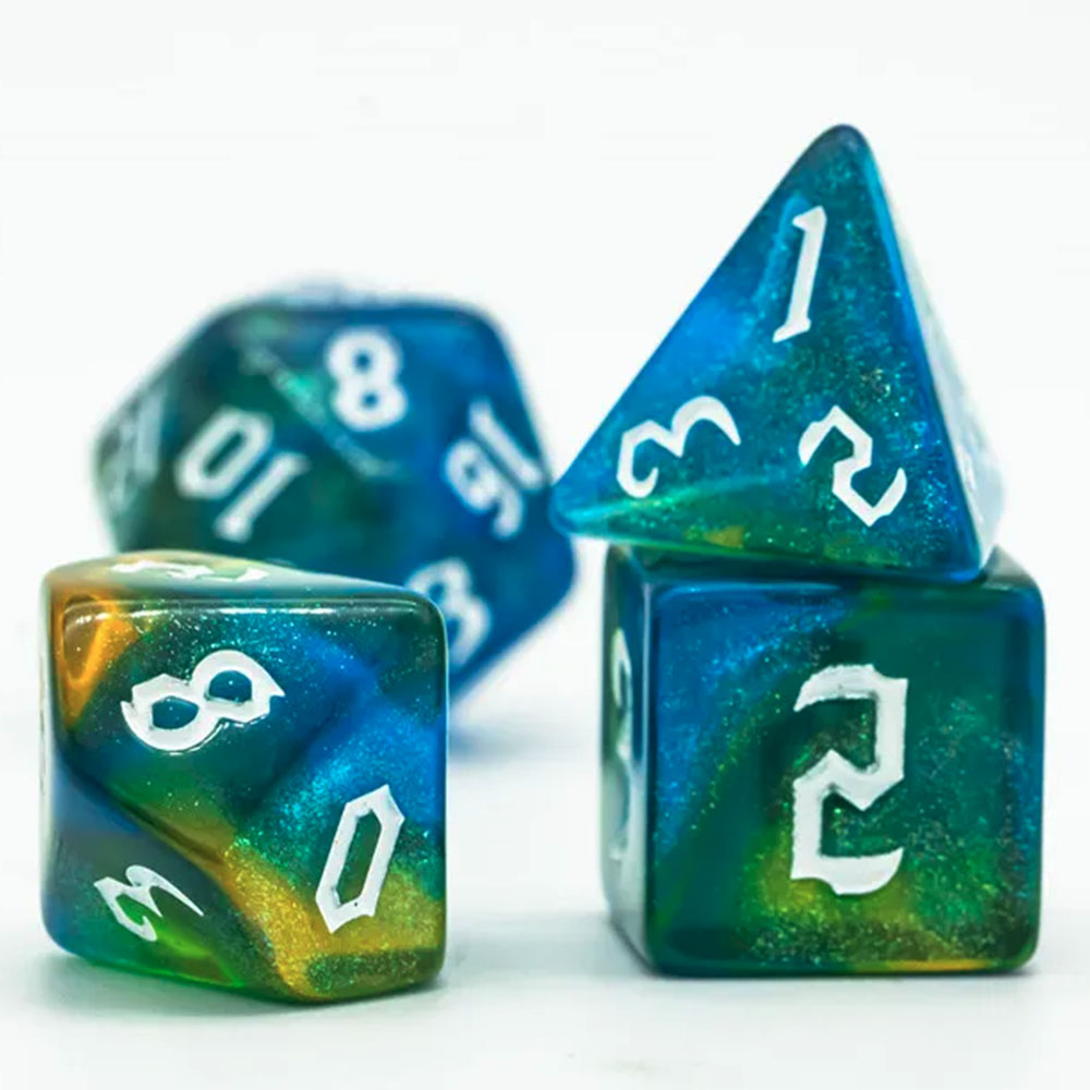 Lot de 7 dés - Résine - Vert bleu paillettes