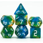 Lot de 7 dés - Résine - Vert bleu paillettes