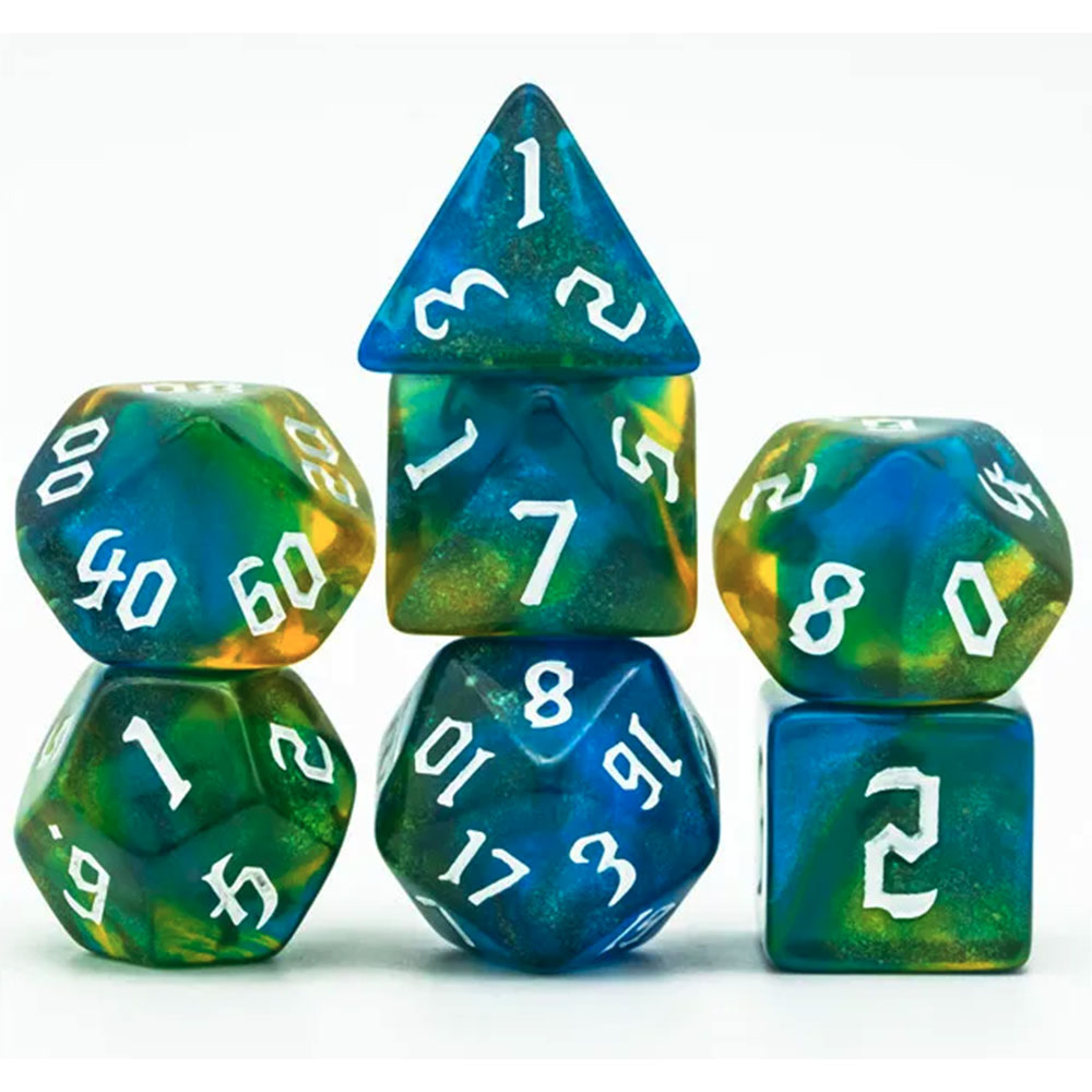 Lot de 7 dés - Résine - Vert bleu paillettes